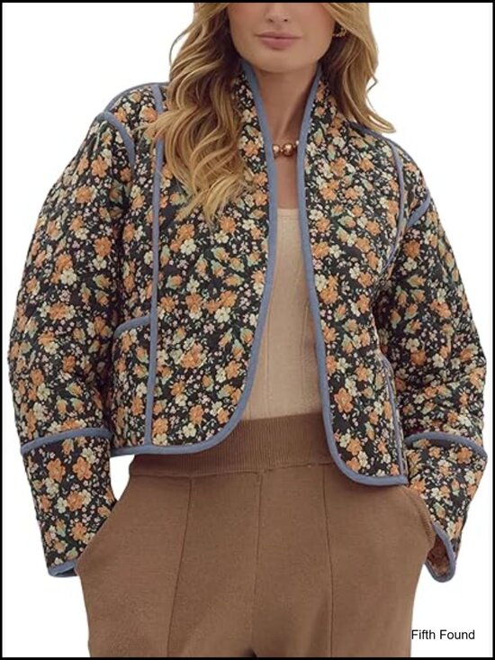 Jackets & Blazers - Women's Cropped Quilted Reversible Lightweight Puffer Jacket Floral Printed